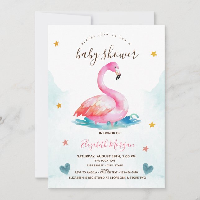 Invitación Adorable Flamingo Rosa Stars Hearts Baby Shower (Anverso)