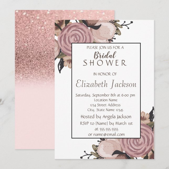Invitación Adorable Floral, Bridal Shower con Brillo (Anverso / Reverso)