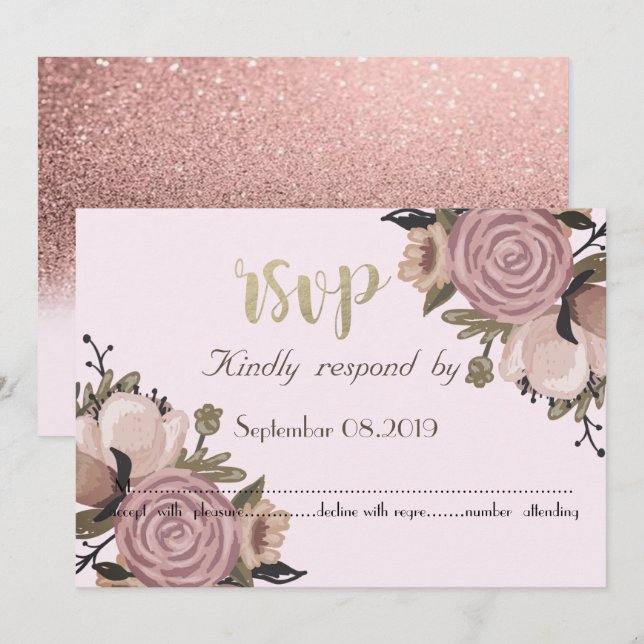 Invitación Adorable Floral, Glitter RSVP (Anverso / Reverso)
