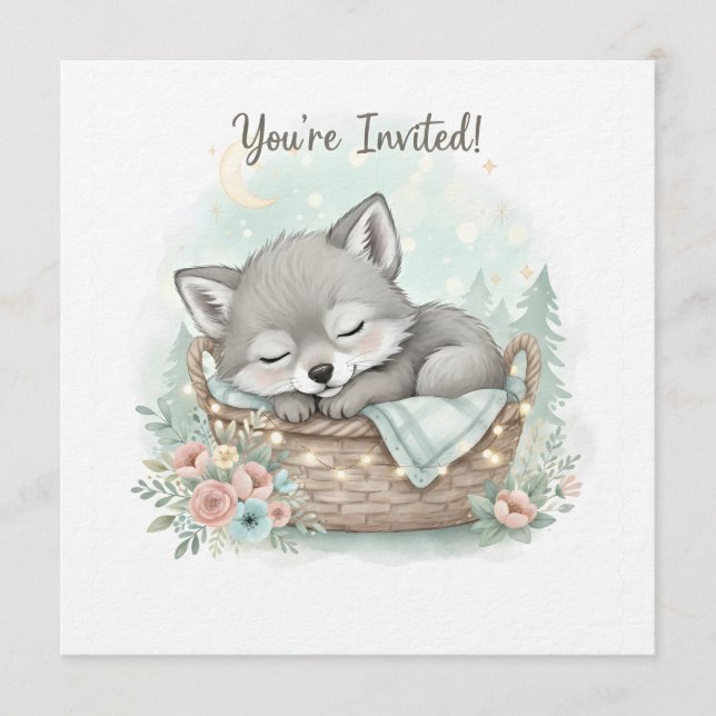 Invitación Adorable, fluffy baby wolf  Baby Shower  (Anverso)