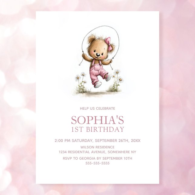 Invitación Adorable Girl Teddy Bear 1st Birthday (Subido por el creador)