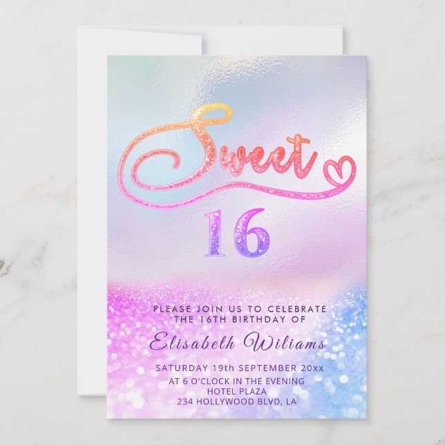 Invitación Adorable Glam holographic glitter script ombre  In (Anverso)