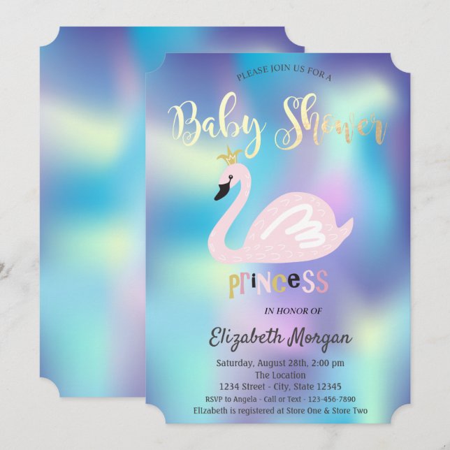 Invitación Adorable Guay Swan Holographic Baby Shower (Anverso / Reverso)
