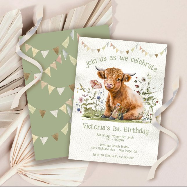 Invitación Adorable Highland Cow Primer Fiesta de cumpleaños (Subido por el creador)