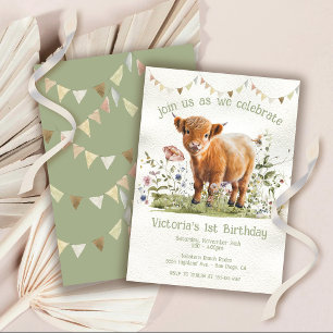 Invitación Adorable Highland Cow Primer Fiesta de cumpleaños