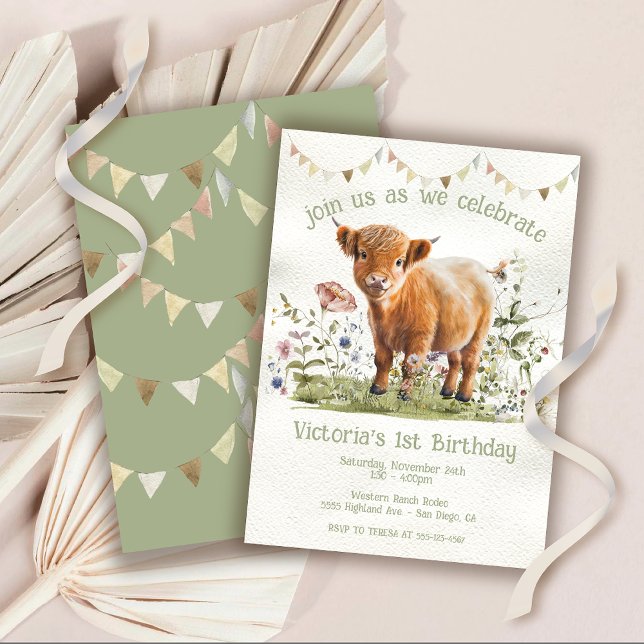 Invitación Adorable Highland Cow Primer Fiesta de cumpleaños (Subido por el creador)