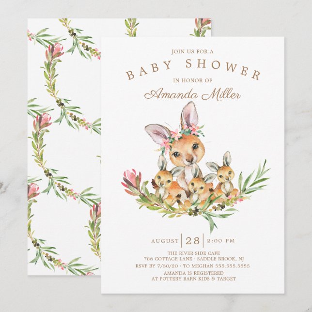 Invitación Adorable Kangaroo Mom & Babies Triplet Baby Shower (Anverso / Reverso)