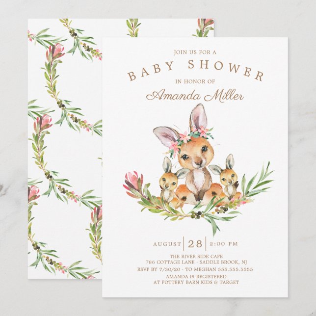 Invitación Adorable Kangaroo Mom & Babies Twins Baby Shower (Anverso / Reverso)