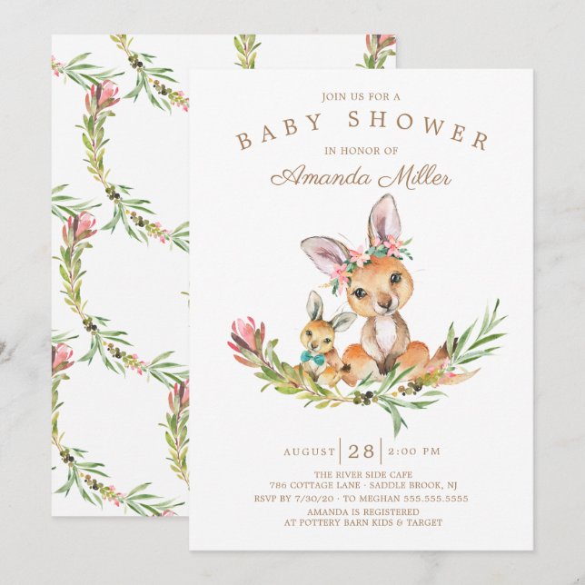 Invitación Adorable Kangaroo Mom & Baby Boys Baby Shower (Anverso / Reverso)