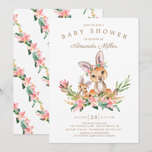 Invitación Adorable Kangaroo Mom & Baby Girls Baby Shower (Anverso / Reverso)