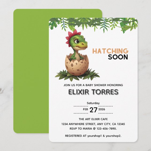Invitación Adorable Kawaii Bebé Dinosaurio Eclosionando (Anverso / Reverso)