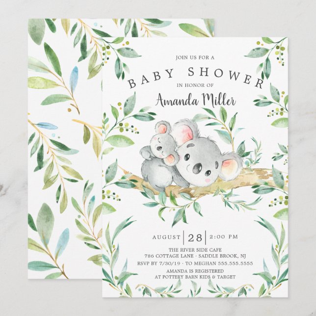 Invitación Adorable Koala Bear Baby Shower (Anverso / Reverso)