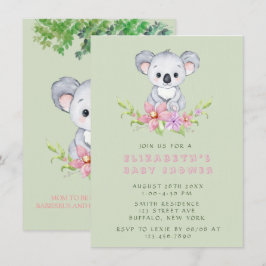 Invitación Adorable Koala Bear Chica Baby Shower