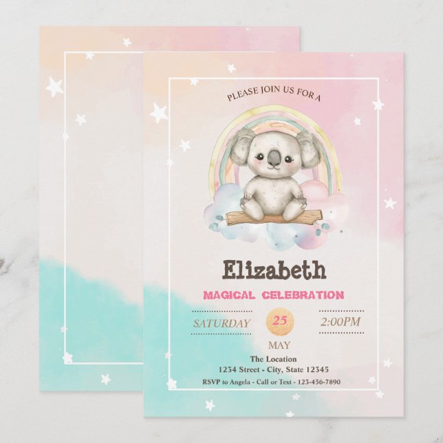 Invitación Adorable Koala Bonito Cumpleaños Arcoíris (Anverso / Reverso)