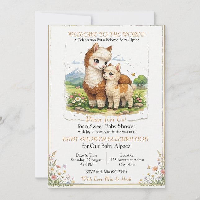 Invitación Adorable Madre Alpaca y Bebé (Anverso)