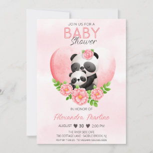 Invitación Adorable Mamá Panda y Floral Rosa de Bebe Ducha de