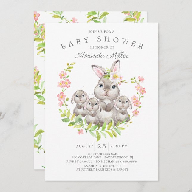 Invitación Adorable Mom & Baby Bunnies Triplets Baby Shower (Anverso / Reverso)
