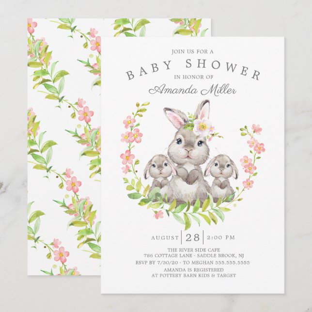 Invitación Adorable Mom & Baby Bunnies Twins Baby Shower (Anverso / Reverso)