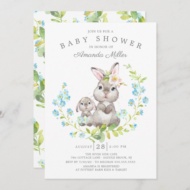 Invitación Adorable Mom & Baby Bunny Boys Baby Shower (Anverso / Reverso)