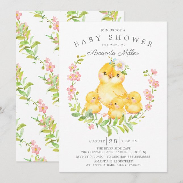 Invitación Adorable Mom & Baby Chicks Triplets Baby Shower (Anverso / Reverso)
