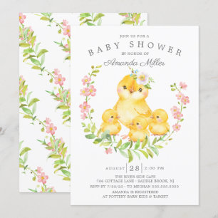 Invitación Adorable Mom & Baby Chicks Triplets Baby Shower