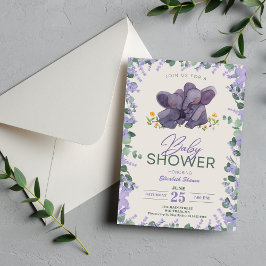 Invitación Adorable morado y verde bebé elefante floral showe