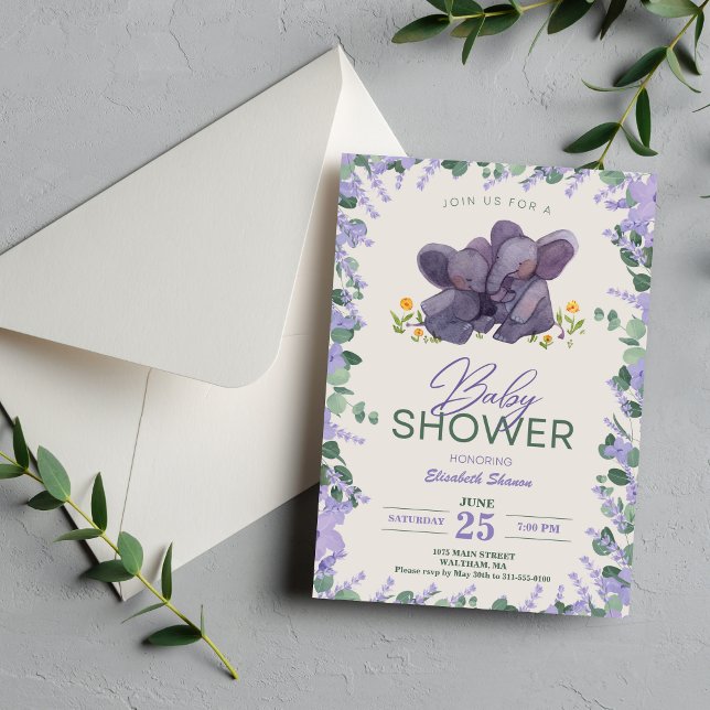 Invitación Adorable morado y verde bebé elefante floral showe (Adorable Purple & Green Floral Elephant Baby Showe Invitation)