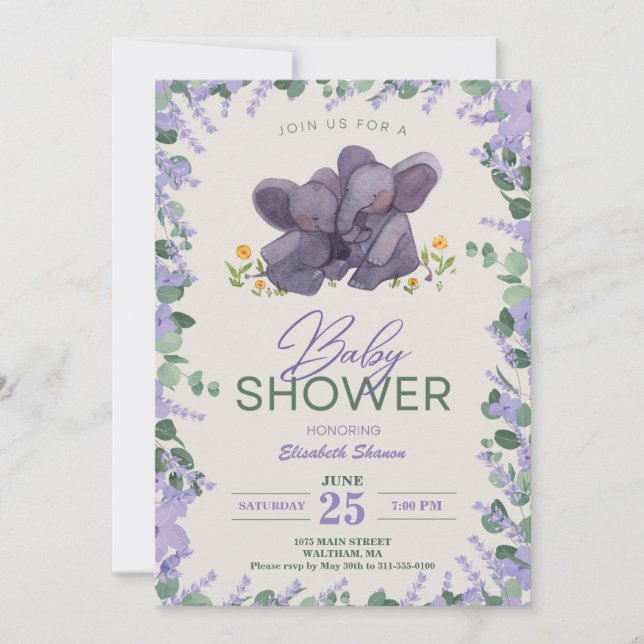 Invitación Adorable morado y verde bebé elefante floral showe (Anverso)