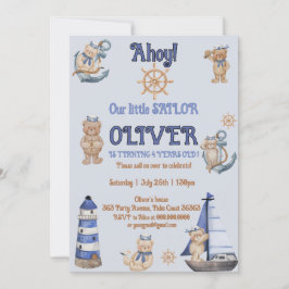 Invitación Adorable Nautical Blue Boat Teddy Bear cumpleaños