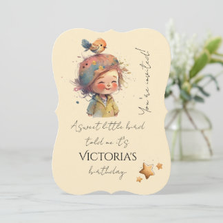 Invitación Adorable Neutral Pastel Gilrl Bird Stars Childhood