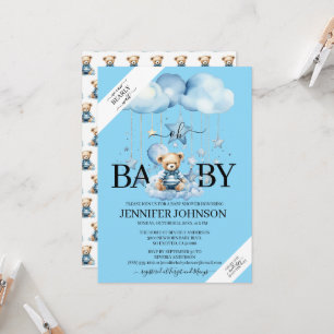 Invitación Adorable Oso de Peluche Azul Acuarela para Baby Sh