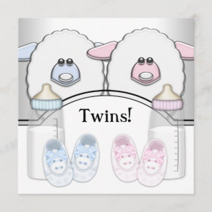 Invitación Adorable Oveja Rosa y Azul Twin Baby Shower