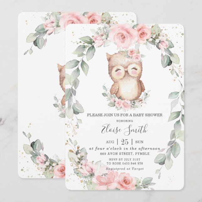 Invitación Adorable Owl Pink Floral Greenereneration Baby Sho (Anverso / Reverso)