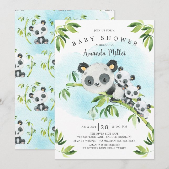 Invitación Adorable Panda Bears Triplets Baby Shower (Anverso / Reverso)