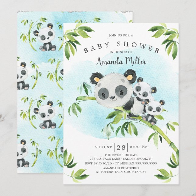 Invitación Adorable Panda Bears Twins Baby Shower (Anverso / Reverso)