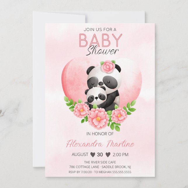 Invitación Adorable Panda Mom & baby Pink Floral Baby Shower (Anverso)