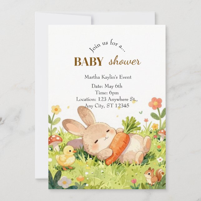 Invitación adorable para baby shower de conejito (Anverso)