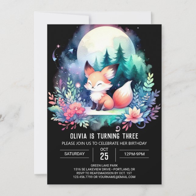 Invitación Adorable Pastel Fox Birday digital (Anverso)