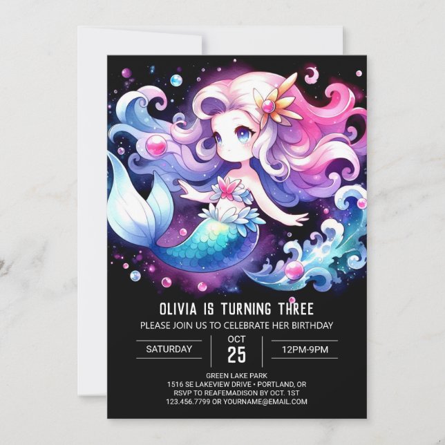 Invitación Adorable Pastel Mermaid Cumpleaños (Anverso)