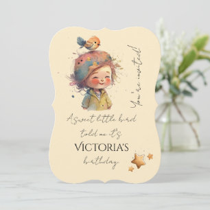 Invitación Adorable Pastel Neutral Niña Pájaro Estrellas Infa
