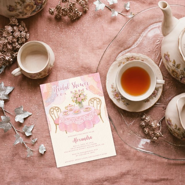 Invitación Adorable Pastel Pink Tea Party Bridal Shower (Adorable Pastel Tea Party Illustration Invitation Card Design for Bridal Shower in Pink Tones.)