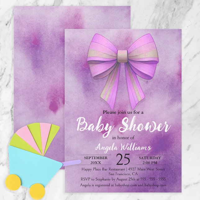 Invitación Adorable Pastel Rosa Lilac Bow Chica Baby Shower (Subido por el creador)