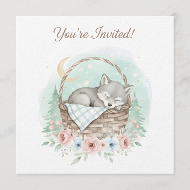 Invitación Adorable, peludo bebé lobo  Baby Shower  (Anverso)