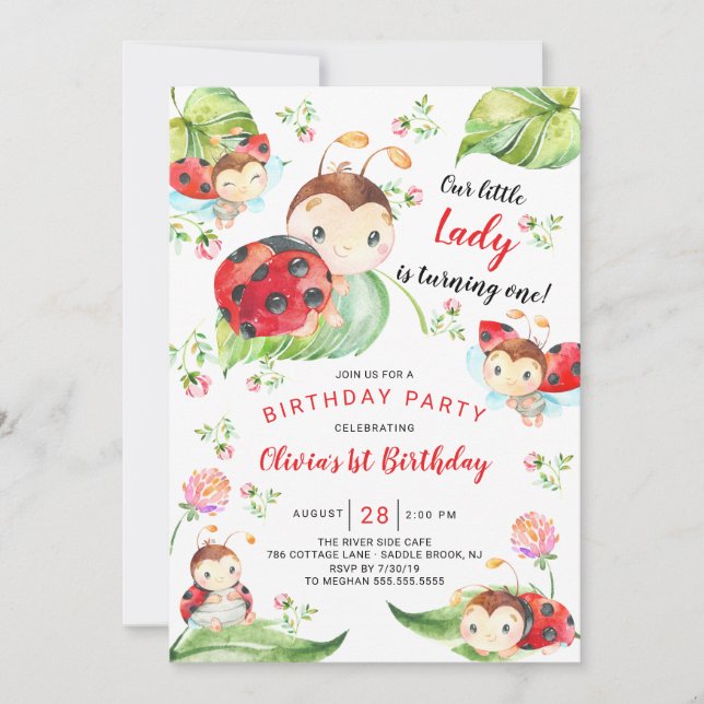 Invitación Adorable Pequeña Dama Ladybug Primer Cumpleaños (Anverso)