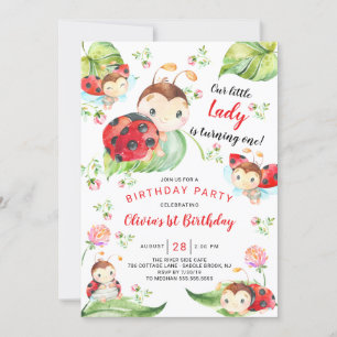 Invitación Adorable Pequeña Dama Ladybug Primer Cumpleaños