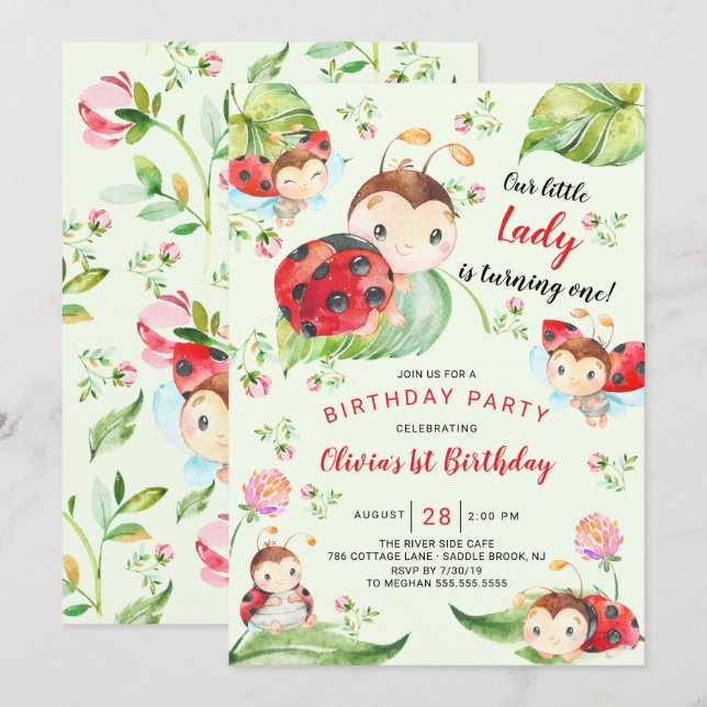 Invitación Adorable Pequeña Dama Ladybug Primer Cumpleaños (Anverso / Reverso)
