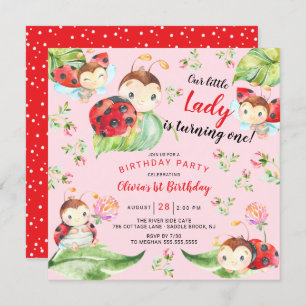 Invitación Adorable Pequeña Dama Ladybug Primer cumpleaños In