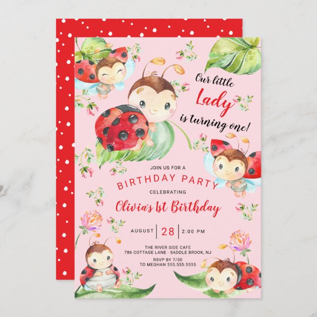 Invitación Adorable Pequeña Dama Ladybug Primer cumpleaños In (Anverso / Reverso)