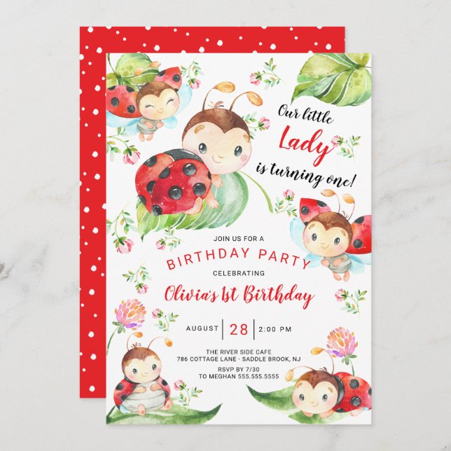 Invitación Adorable Pequeña Dama Ladybug Primer cumpleaños In (Anverso / Reverso)