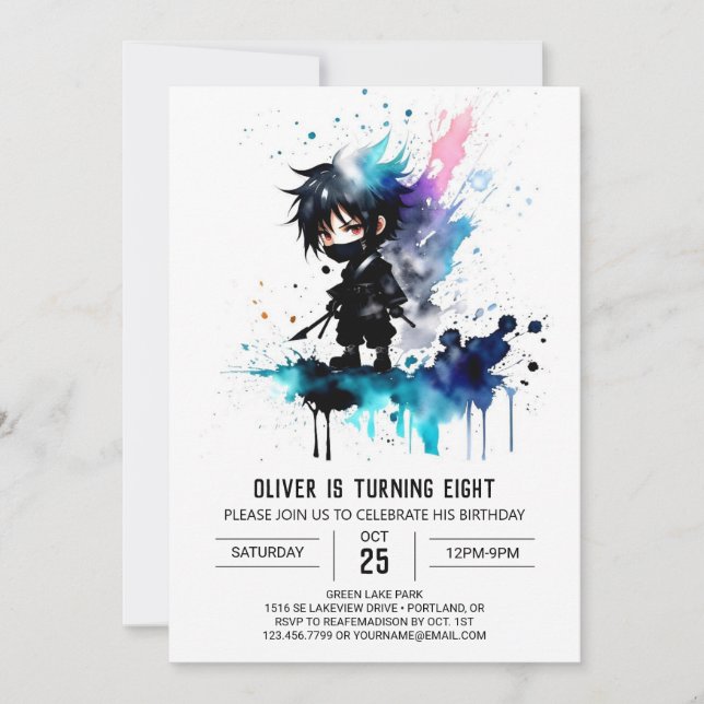 Invitación Adorable Personalizado Ninja Boy Cumpleaños Digita (Anverso)